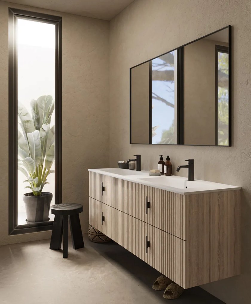 Muebles Avila badmeubel ribbelfront 160cm naturel eiken met dubbele wastafel met kraangaten