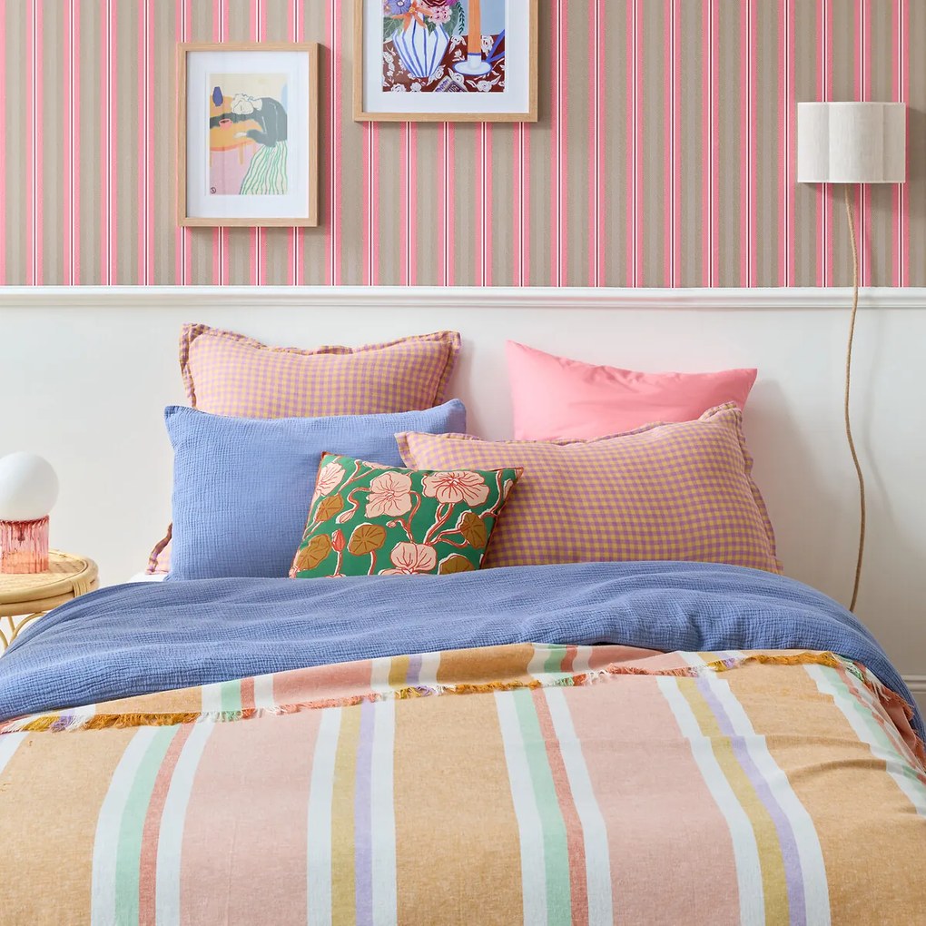 Kussensloop in gewassen linnen, Acélie lavandel/oker