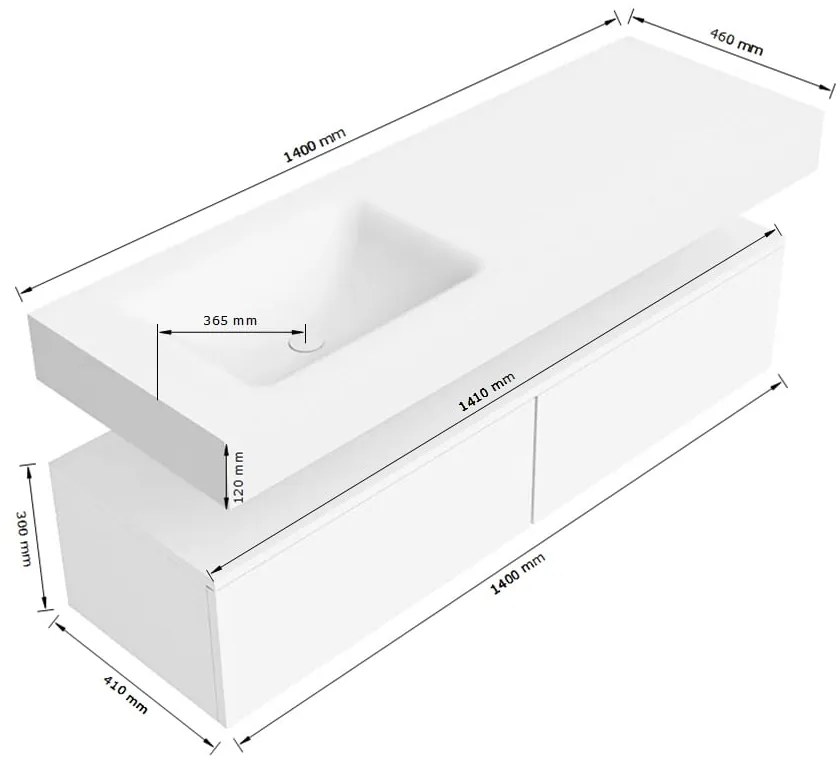 Zaro Alan badmeubel 140cm talc 2 lades met vrijhangende wastafel cloud links zonder kraangat urban