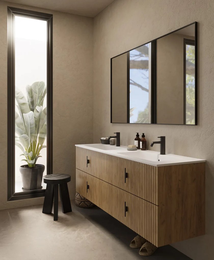 Muebles Avila badmeubel ribbelfront 160cm warm eiken met dubbele wastafel met kraangaten