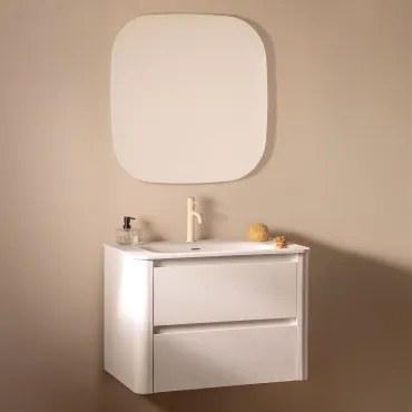 Egerton Zwevend Houten Badkamermeubelset Met Geïntegreerde Wastafel Wit & Vierkant Led En Anticondens 75x75 Cm Riben & Tapioca Beige - Sklum