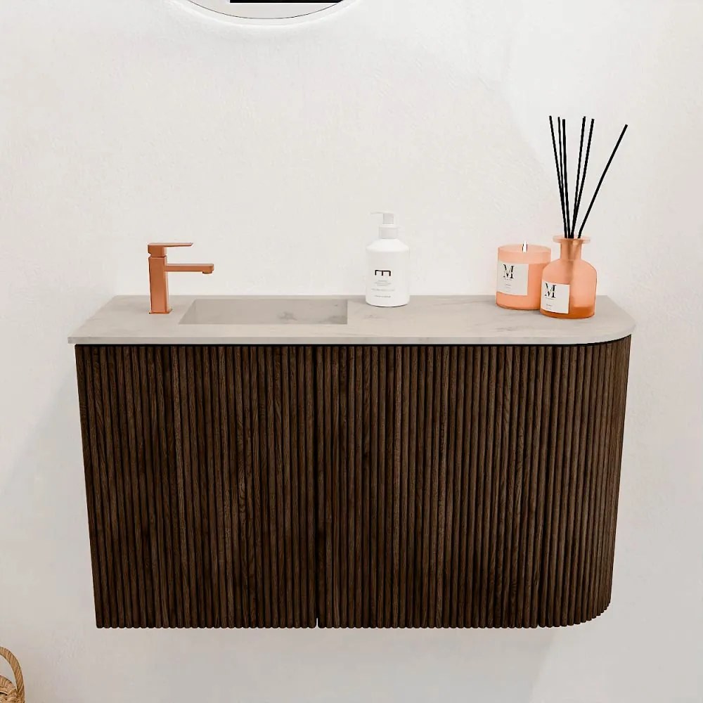 Mondiaz Joya DLux 70cm toiletmeubel ronding rechts walnut met wastafel faye links 1 kraangat opalo