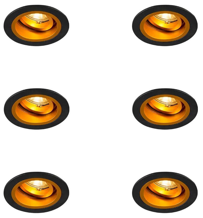Set van 6 Inbouwspot rond zwart met goud draai- en kantelbaar - Chuck