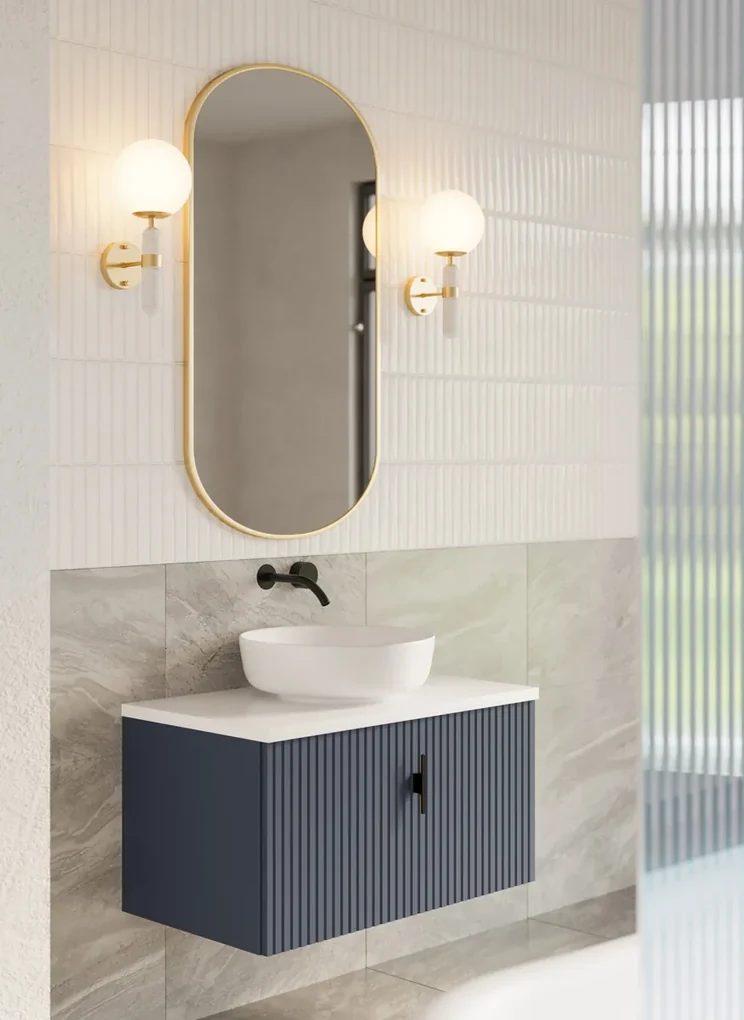 Muebles Ezra badmeubel ribbelfront 80cm marine blauw met wit toppaneel en waskom