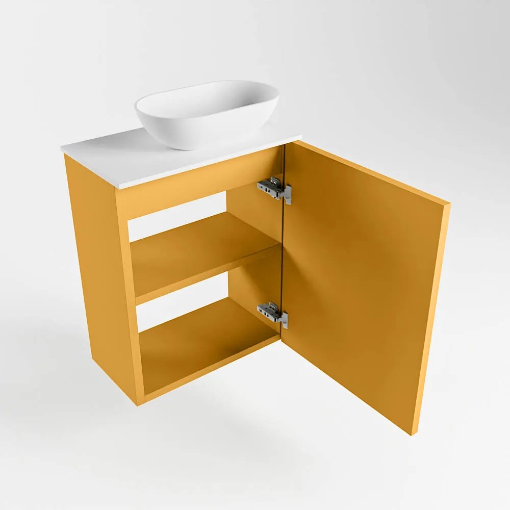 Mondiaz Fowy toiletmeubel 40cm ocher met witte waskom rechts en kraangat