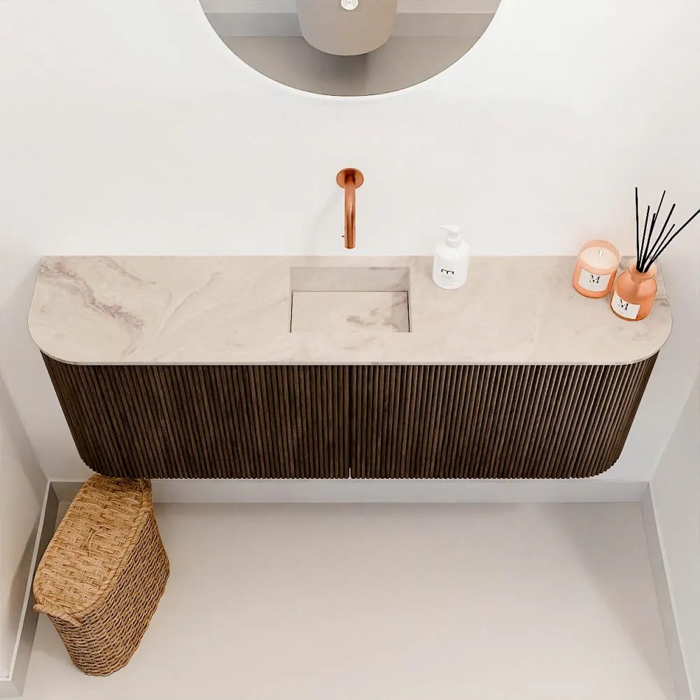 Mondiaz Joya DLux 115cm toiletmeubel ronding links/rechts walnut met wastafel faye midden zonder kraangat frappe