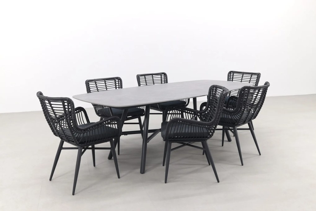 Jasmine Black/Benevento 6-persoons deens ovale dining tuinset 240x110 cm. - Betonlook