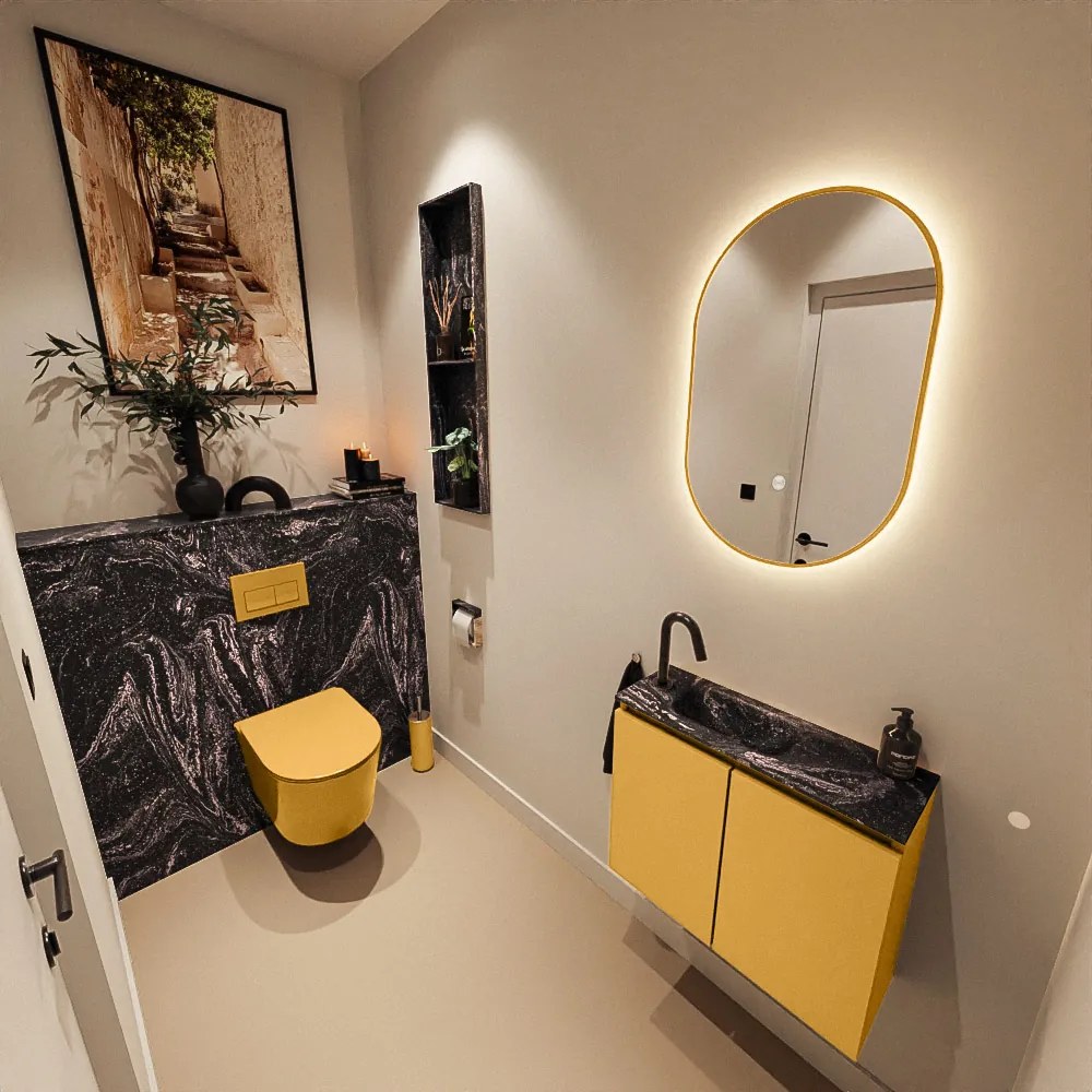 Mondiaz Ture DLux toiletmeubel 60cm ocher met wastafel lava links met kraangat