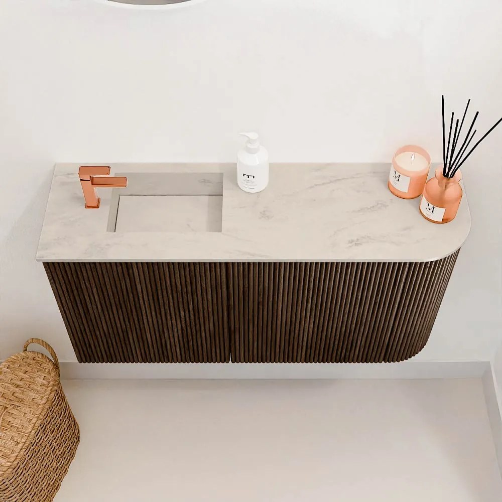 Mondiaz Joya DLux 80cm toiletmeubel ronding rechts walnut met wastafel faye links 1 kraangat opalo