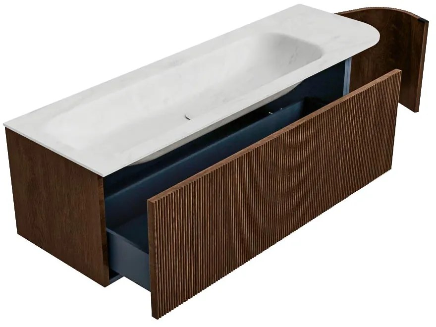 Mondiaz Kurve-dlux 145cm badmeubel ronding rechts walnut met 1 lade en deur en wastafel big large links 2 kraangaten opalo