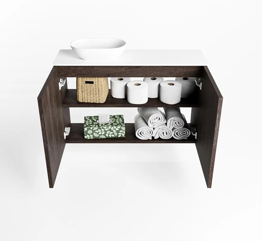 Mondiaz Fowy toiletmeubel 80cm dark brown met witte waskom links en kraangat