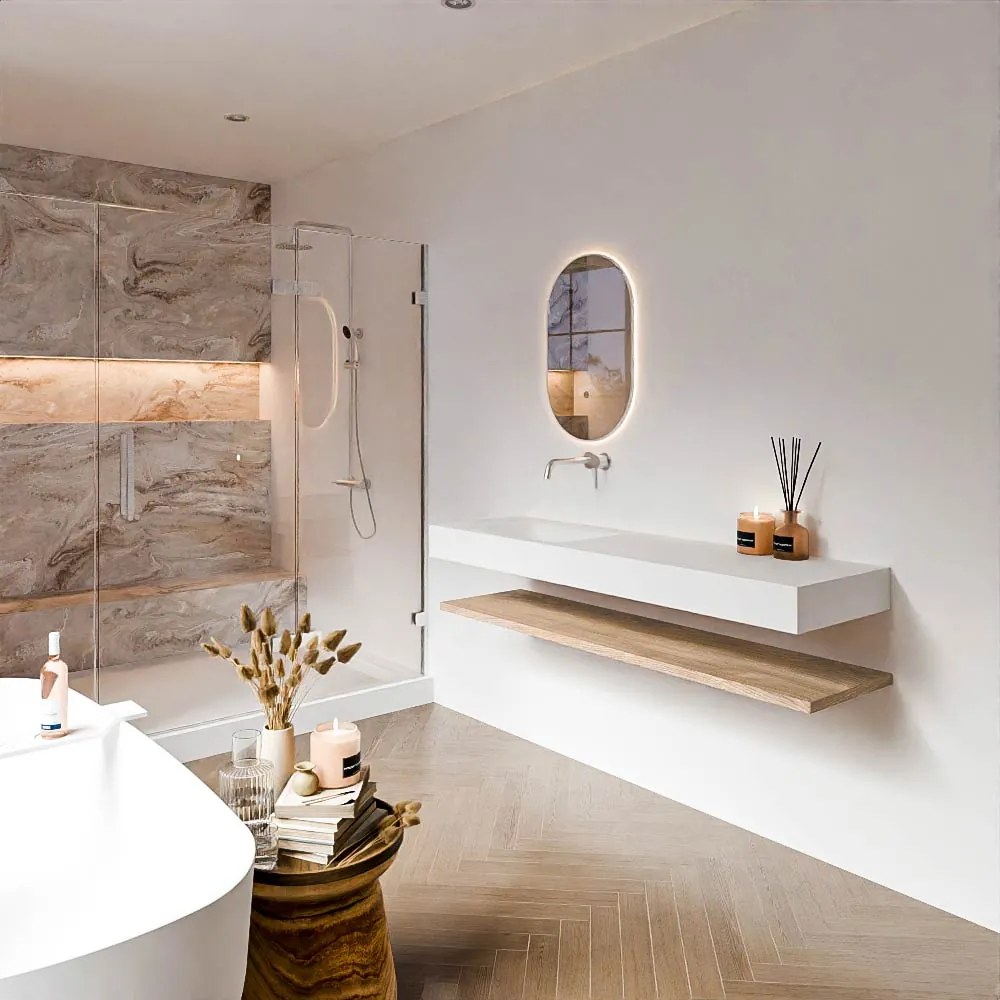 Zaro Alan badmeubel 160cm met planchet washed oak en vrijhangende wastafel cloud links zonder kraangat talc