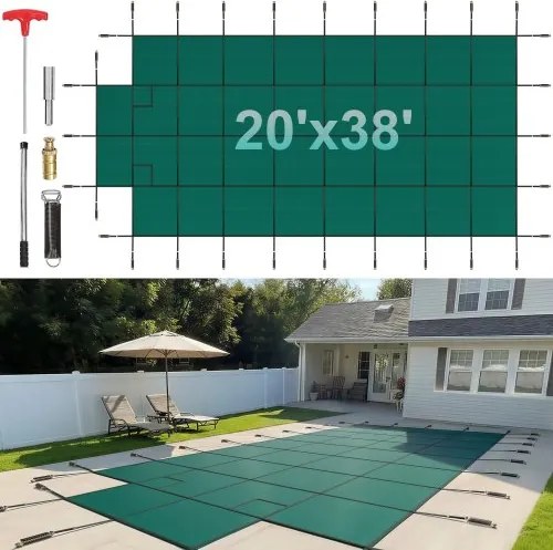 VEVOR zwembadafdekking, geschikt voor 6,1 x 11,6 cm, veiligheidszwembadafdekking, netstof met eindtreden van 1,2 x 2,4 m in het midden, zwembadveiligheidsafdekking voor de winter