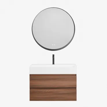 Badkamermeubelset Van Hout En Essenhoutfineer Met Geïntegreerde Wastafel Ona Donker Hout & Round Led And Antifog Zwart Ø80 Cm Kimacs - Sklum
