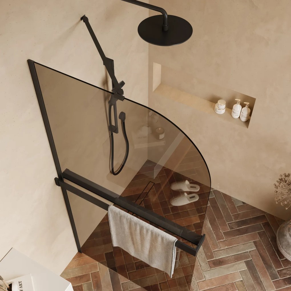 Saniclear Dawn afgeronde inloopdouche 90cm mat zwart met bronsglas en handdoekhouder