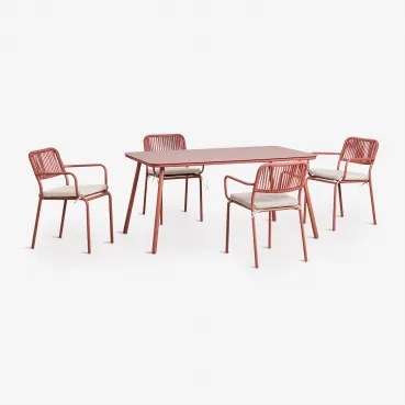 Rechthoekige Eettafelset 160x90 Cm Met 4 Stapelbare Eetkamerstoelen Van Gevlochten Touw Arhiza Terracota - Sklum