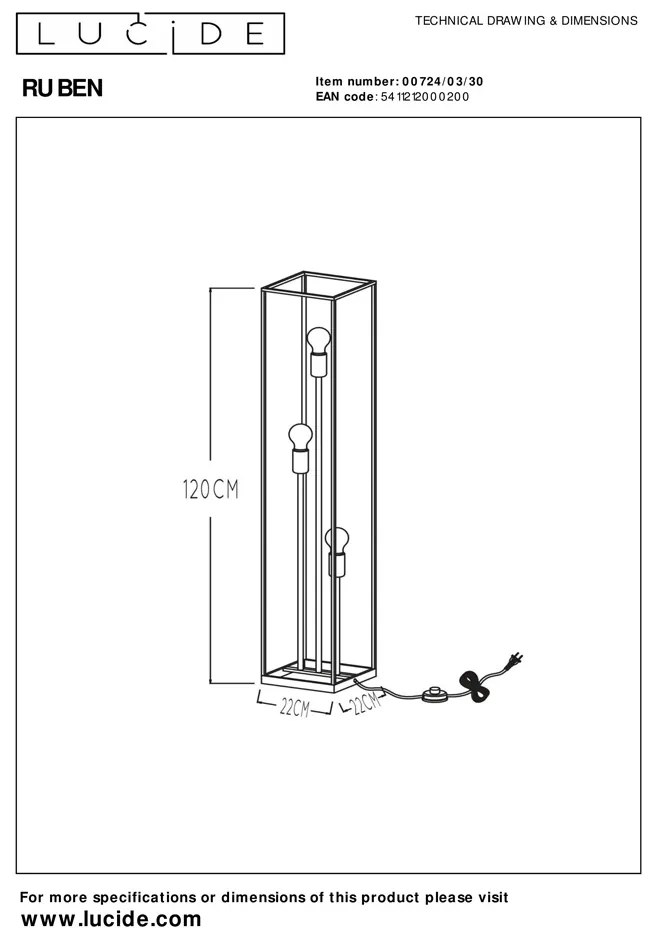 Lucide Ruben vloerlamp 22x120cm E27 zwart mat