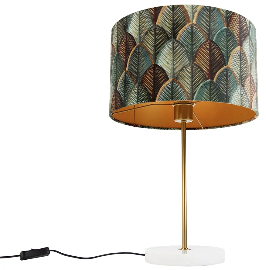 Tafellamp messing met velours lampenkap blad dessin met gouden binnenkant - Kaso Klassiek / Antiek, Modern E27 rond Binnenverlichting Lamp