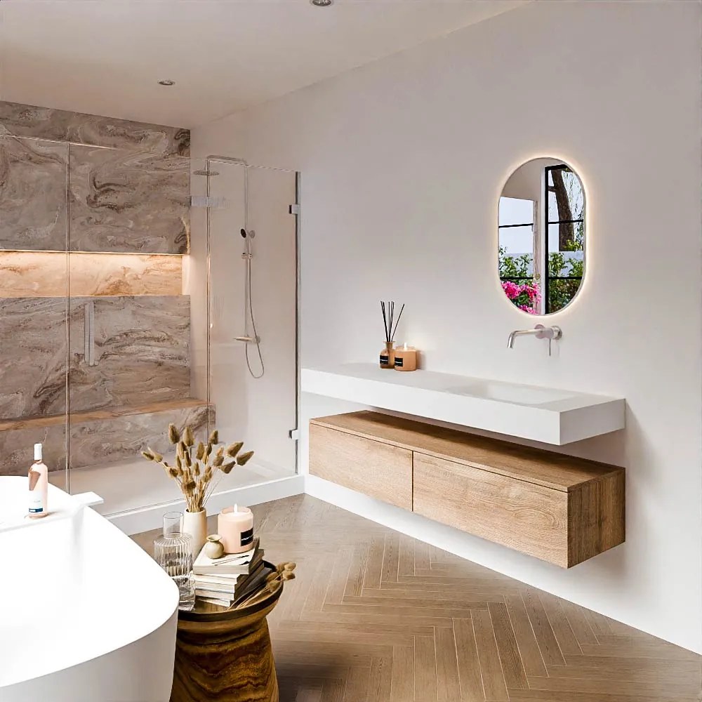 Zaro Alan badmeubel 160cm washed oak 2 lades met vrijhangende wastafel cloud rechts zonder kraangat talc