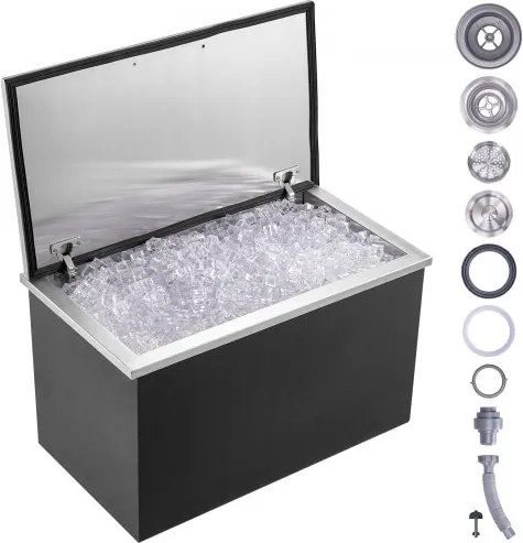 VEVOR Drop-in ijsbox, 24 liter roestvrijstalen ijskoeler, 610 x 508 x 382 mm commerciële ijscontainer met scharnierend deksel, ingebouwde ijskast, afvoerpijp en afvoerplug inbegrepen