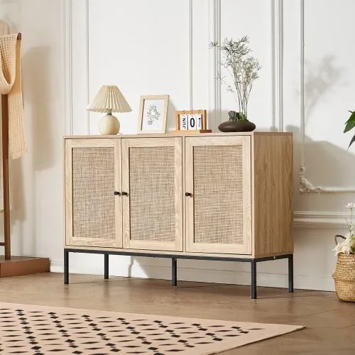 VEVOR Rotan kast Rotan ladekast Opbergkast met 3 magnetische deuren en verstelbare planken, dressoir Buffetkast voor hal Entree Woonkamer Keuken Hal Houtkleuren