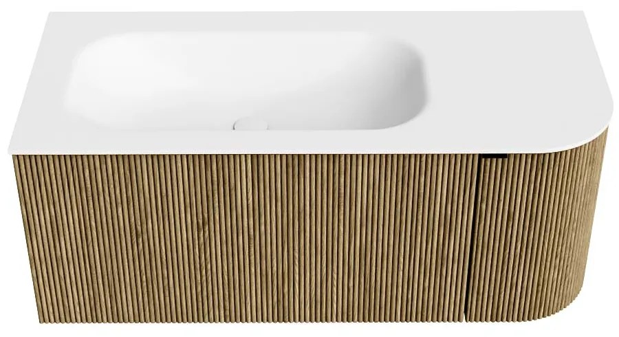 Mondiaz Kurve 105cm badmeubel ronding rechts dusk met 1 lade en deur en wastafel big small links zonder kraangat