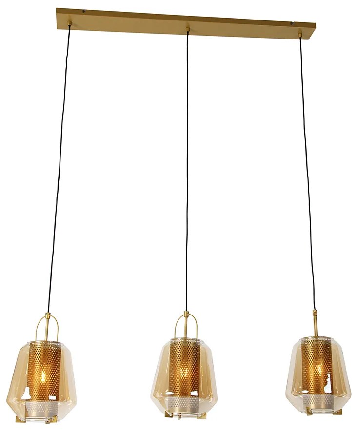 Hanglamp goud met amber glas 23 cm langwerpig 3-lichts - Kevin