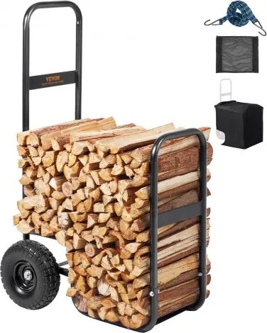 VEVOR Haardhoutkar 67x52x110cm Haardhoutkar Gepoedercoat stalen haardhoutkar met 266,7 mm rubberen wielen Houtkar Max. 113,4 kg Transportkar Inclusief bungee-koord Grondnet 600D Oxford-doek