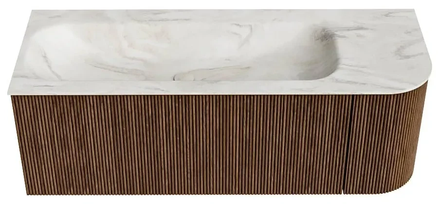 Mondiaz Kurve-dlux 125cm badmeubel ronding rechts walnut met 1 lade en deur en wastafel big medium kraangat links ostra
