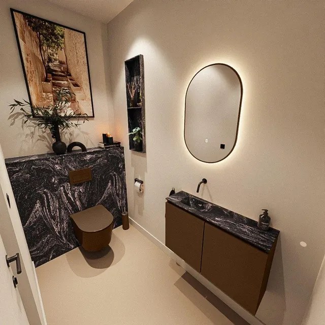 MONDIAZ TURE-DLUX 80cm toiletmeubel Rust. EDEN wastafel Lava positie links. Zonder kraangat. TUREDX80RUSL0LAV