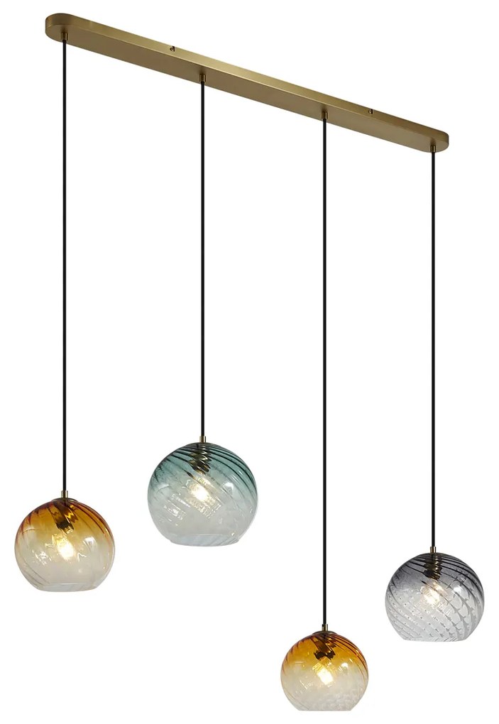 Hanglamp brons met smoke amber en groen glas langwerpig 4-lichts - Bao