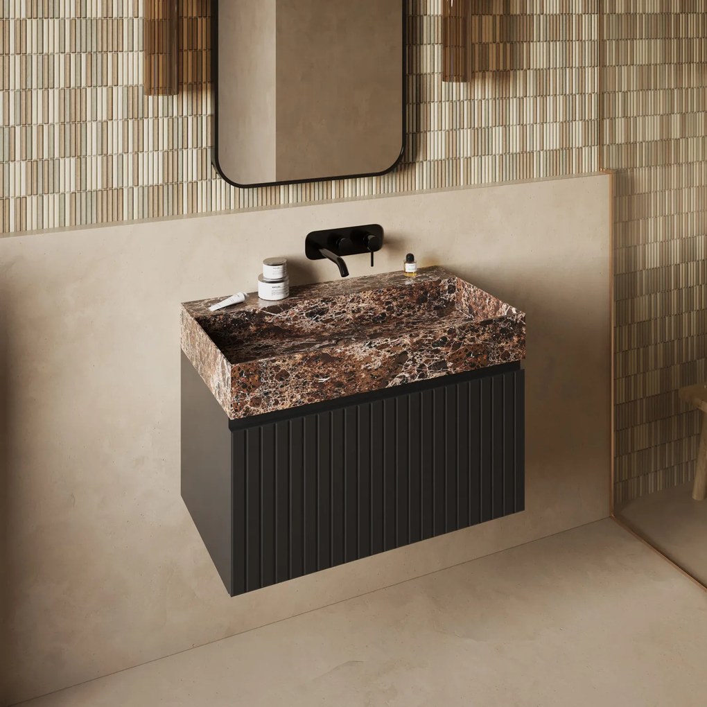 Fontana Dark Emperador badmeubel 80cm mat zwart met ribbelfront zonder kraangat