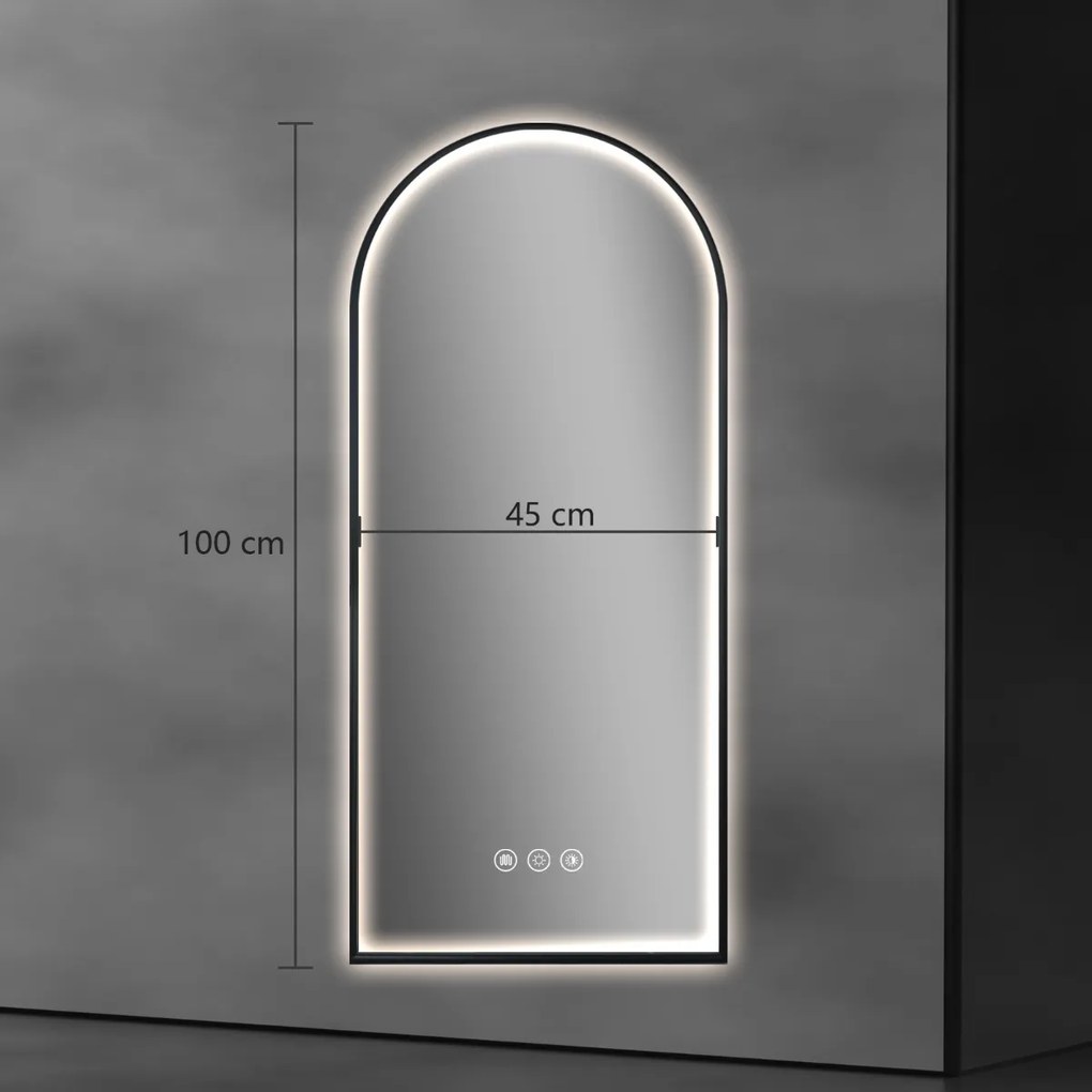 Saniclear Arc 2.0 toog spiegel met zwarte lijst 45x100cm met verwarming, direct en indirect licht