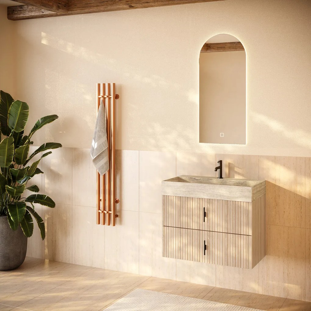 Muebles Murcia badmeubel ribbelfront 80cm naturel eiken met White Travertin wastafel met kraangat