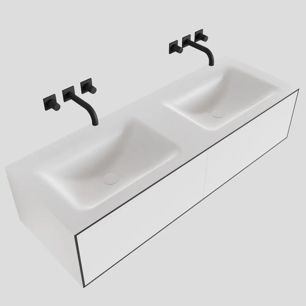 Zaro Lagom volledig naadloos solid surface onderkast 130cm mat zwart met 2 lades Push tot open. Compleet met solid surface wastafel met 0 kraangat(en)