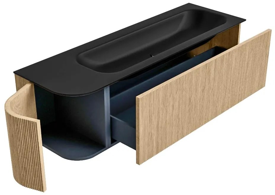 Mondiaz Kurve 145cm badmeubel ronding links oak met 1 lade en deur en wastafel big large kraangat rechts urban