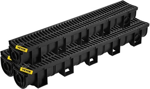 VEVOR Gootset, 3-pack drainagegoot, HDPE kunststof roostergoot drainagesysteem 15x13x100cm, met 3 eindkappen, plug-in aansluiting, voor tuinafvoer, oprit, zwembad, stoep