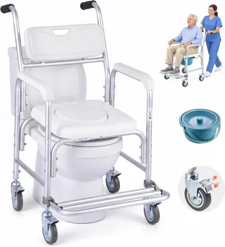VEVOR Nachttoiletstoel, draagvermogen 159 kg, verrijdbare toiletbril met gewatteerde zitting/rugleuning/opklapbare voetensteun, verwijderbare emmer van 5 liter, doucherolstoel voor senioren