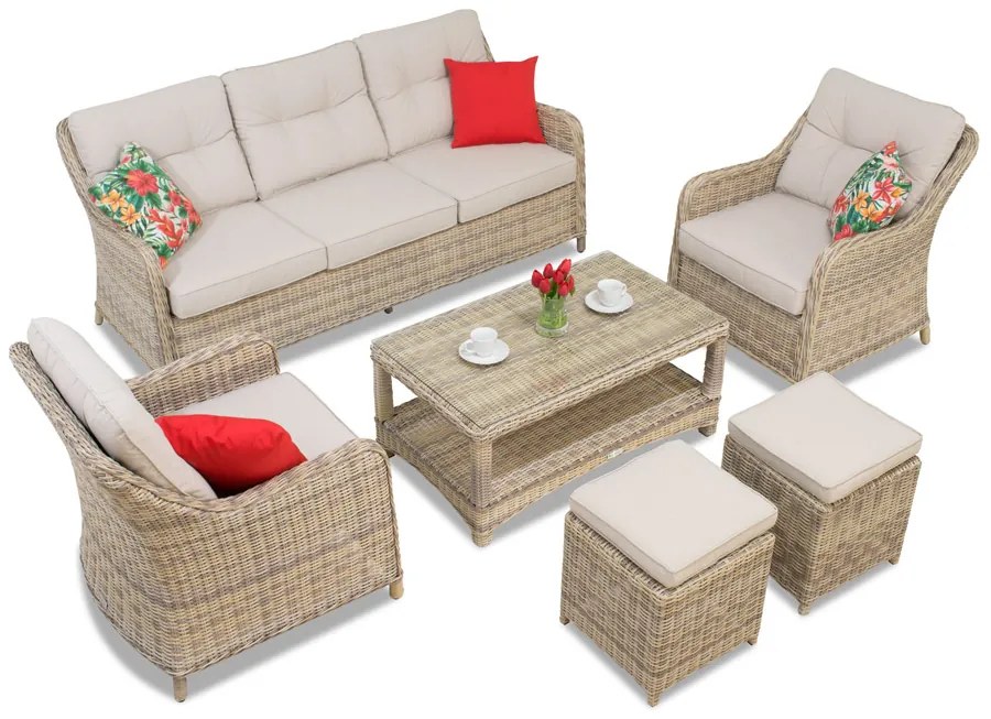 Toledo Coffee 5 technorattan set met poefs beige Garden Point