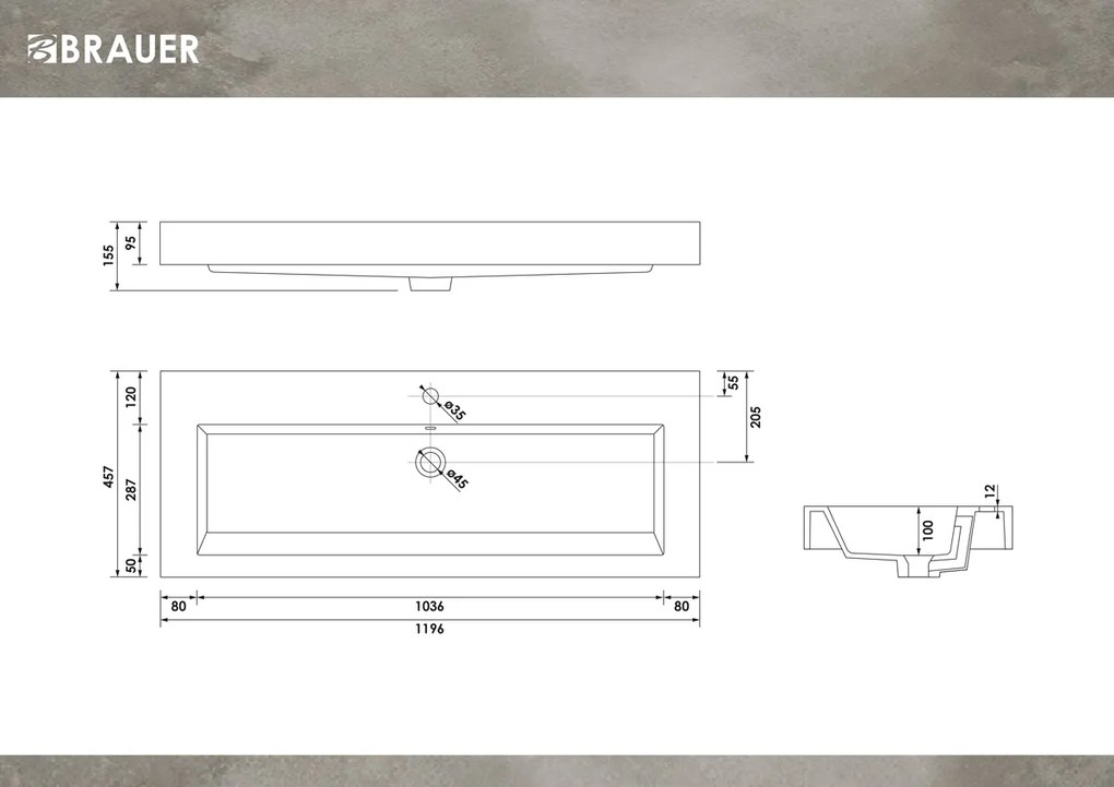 Brauer Solar Thick wastafel mineraalmarmer 120cm met 1 kraangat wit glans