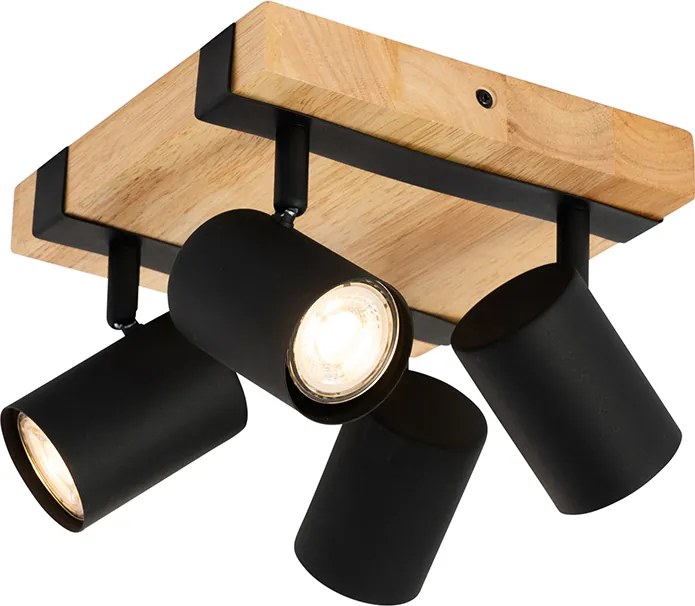 Smart plafondspot zwart met hout 4-lichts draai- en kantelbaar incl. Wifi GU10 50mm - Jeana