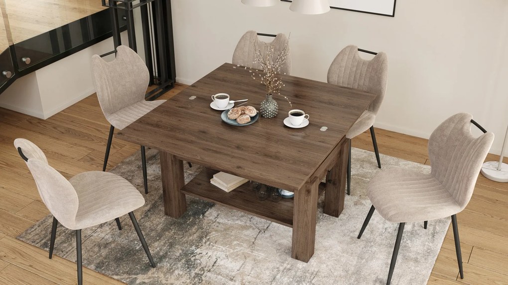 BRAVO elegant noten – uitschuifbare en in hoogte verstelbare salontafel, tafel met plank