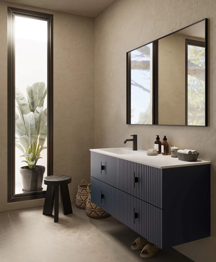 Muebles Avila badmeubel ribbelfront 120cm marine blauw met wastafel links met kraangat