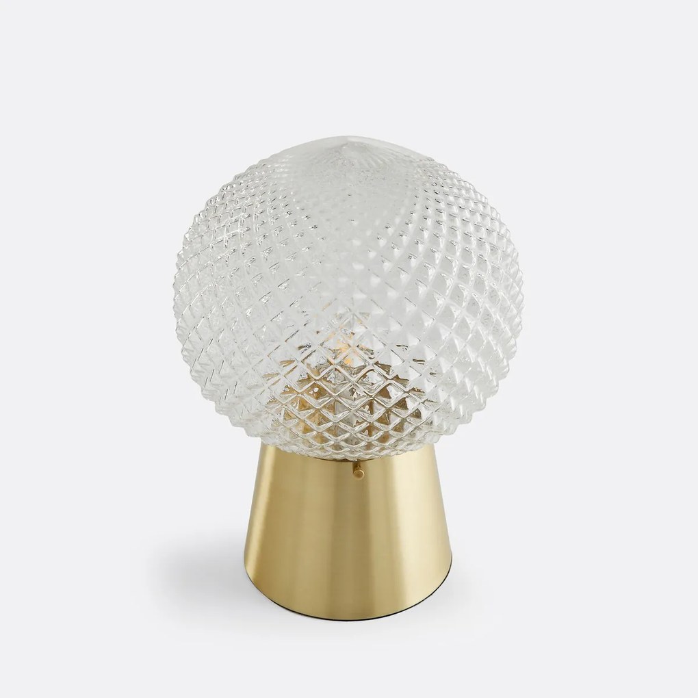 Tafellamp in gebeiteld glas en used messing