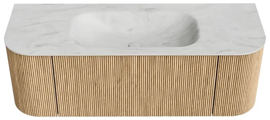 Mondiaz Kurve-dlux 130cm badmeubel ronding links/rechts oak met 1 lade en 2 deuren en wastafel big small midden 1 kraangat opalo