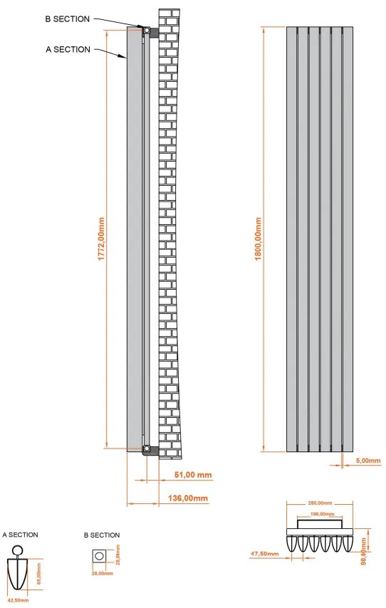 Eastbrook Witney radiator 30x180cm aluminium 1252W wit mat