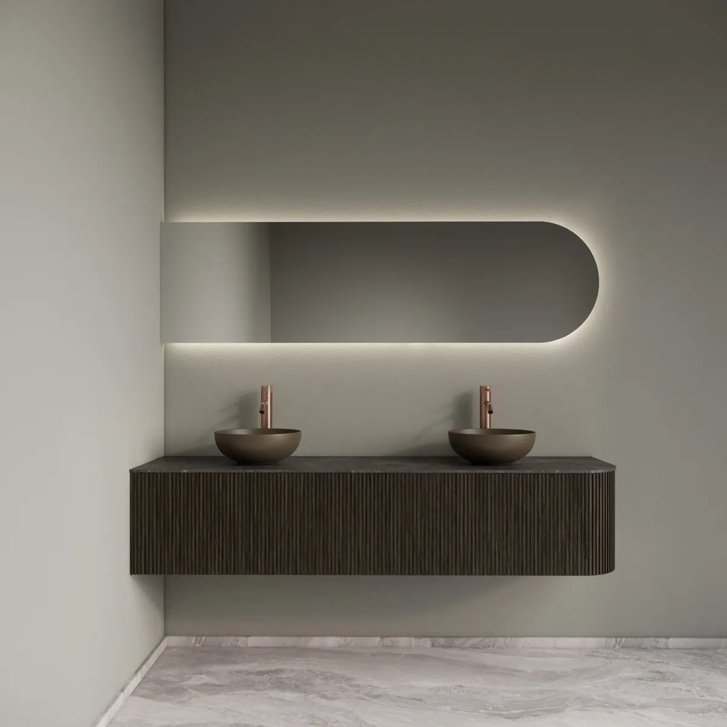 Gliss Design Alluro badmeubel ribbelfront met ronding rechts 180cm charcoal en zwart leisteen toppaneel