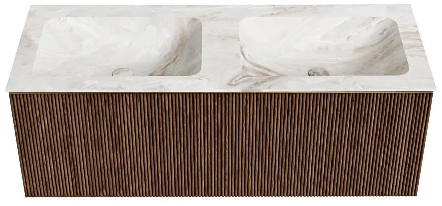 Mondiaz Kurve-dlux 120cm badmeubel walnut met 1 lade en wastafel leaf dubbel zonder kraangat frappe