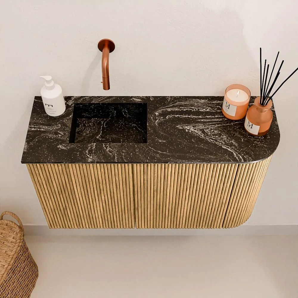 Mondiaz Joya DLux 70cm toiletmeubel ronding rechts oak met wastafel faye links zonder kraangat lava