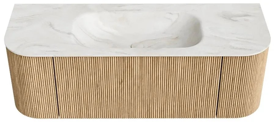 Mondiaz Kurve-dlux 130cm badmeubel ronding links/rechts oak met 1 lade en 2 deuren en wastafel big small midden 1 kraangat ostra